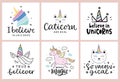 Unicorns vector cute hand drawn lettering poster templates set