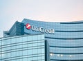 Unicredit bank skyscraper detail at dusk, in Milan.