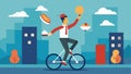 A unicyclist effortlessly rides through the busy street juggling bowling pins while balancing a stack of plates on their