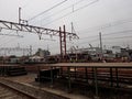 Unidentifed people. View of the construction of railway station.