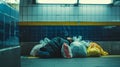 Unidentifiable homeless woman finds refuge amid bags of belongings, sleeping in a subway station