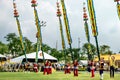 Unidentified actors perform at the Classical Thai Dance Drama with bamboo long pole on Celebrating of the King Rama 9 birthday.