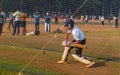 Unidentified boy practicing batting to improve cricketing skills at Mumbai ground Royalty Free Stock Photo