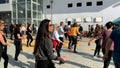 Unidentified citizens dancing traditional Israeli dances on Tel Aviv Promenade