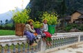 Unidentified ethnic minority kids with baskets of rapeseed flower in Hagiang, Vietnam Royalty Free Stock Photo