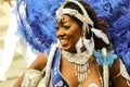 Unidentified exotic dancer participant in tropical carnival in Paris.