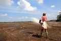 Farm workers plough the wet paddy fields