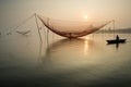 Unidentified fisherman checks his nets in early morning on river in Hoian, Vietnam Royalty Free Stock Photo