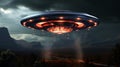 An unidentified flying object hovered in the sky. Space flying saucer with lights. An alien UFO visits the earth.