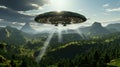 An unidentified flying object hovered in the sky. Space flying saucer with lights. An alien UFO visits the earth.