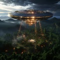 An unidentified flying object hovered in the sky. Space flying saucer with lights. An alien UFO visits the earth.