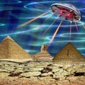 Unidentified flying object landing in a cracked landscape. Unknown object flying over pyramids and sphinx. 3d illustration Royalty Free Stock Photo