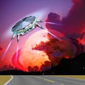 Unidentified flying object landing on the road
