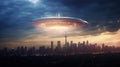 Unidentified Flying Object (UFO) hovering over a city skyline during a serene night. Futuristic alien spaceship Royalty Free Stock Photo