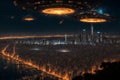 UFO Invasion of Futuristic City Royalty Free Stock Photo