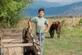 Unidentified happy kid playing at organic farm with horse and vineyard in Alazani valley with mountains Royalty Free Stock Photo