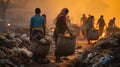 Unidentified Indian people collecting rubbish in the field