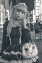 Unidentified Japanese girl in black costume and blonde dived hair Tokyo Japan