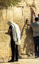 Unidentified jewish worshipers in tallith and tefillin praying at the Wailing Wall an important jewish religious site Royalty Free Stock Photo