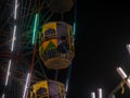 Unidentified kid watching from colourful Giant wheel at amusement park illuminated at night in India