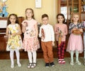 Unidentified kids on musical training class in kindergarten in Moscow, 2021 Royalty Free Stock Photo