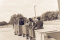 Kid trackless train ride in public winter event in Irving, Texas