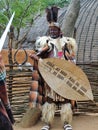 Unidentified man dressed in Zulu warrior clothing at Shakaland