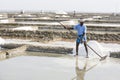 Unidentified man workers picking up, collecting the salt, in big salt fields, manual labour, organic agriculture, very hard job