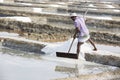 Unidentified man workers picking up, collecting the salt, in big salt fields, manual labour, organic agriculture, very hard job