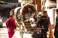 Unidentified nepali rickshaw in historic center of city, in Kathmandu, Nepal.