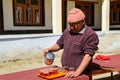 Unidentified novice buddhist monks with tea in Likir Monastery, Ladakh, India Royalty Free Stock Photo
