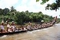 Oarsmen wearing traditional kerala dress participate in the Aranmula boat race