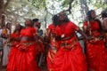 Oracles wearing red dress dance in trance Royalty Free Stock Photo