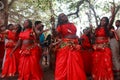 Oracles wearing red dress dance in trance Royalty Free Stock Photo