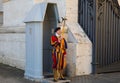 Unidentified Papal Swiss guard standing at the Vatican Museums door in the Vatican.