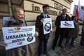 Unidentified participants during protest near Cracow Opera, against bringing Russian troops in the Crimea.