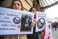 Unidentified participants during protest near Cracow Opera, against bringing Russian troops in the Crimea.