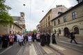 Unidentified participants of the Way of the Cross on Good Friday celebrated at the historic center of Krakow.