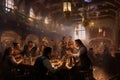 Unidentified people in bar interior, A group of people drinking beer at the pub\'s brewery restaurant, AI Generated