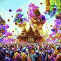 Unidentified people celebrate Holi festival in Bangkok, Thailand. AI generated