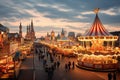 Unidentified people on the Christmas market in Munich. beertents and fairground rides on the oktoberfest in munich , AI Generated