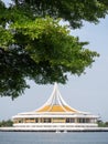 Unidentified people enjoy their resting on swan boat in the lake of Suanluang RAMA IXrk