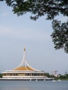 Unidentified people enjoy their resting on swan boat in the lake of Suanluang RAMA IX public park Royalty Free Stock Photo