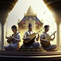 Unidentified people playing traditional Thai music in Wat Ratchaburana, Bangkok, Thailand. AI Generated