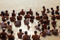 People take bath in the Holy river Ganges in Assi Ghat