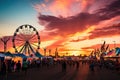 Unidentified people visit the Santa Monica amusement park at sunset, AI Generated Royalty Free Stock Photo