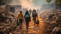 Unidentified people walking near garbage in the street of urban slum area New Delhi, India