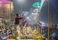 Ganga aarti rituals performed by young priests on the bank of Ganges rivert at Varanasi India. Royalty Free Stock Photo