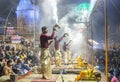Ganga aarti rituals performed by young priests on the bank of Ganges rivert at Varanasi India. Royalty Free Stock Photo