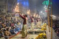 Ganga aarti rituals performed by young priests on the bank of Ganges rivert at Varanasi India. Royalty Free Stock Photo